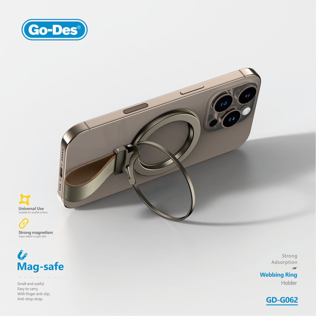 Go-Des Magnetic Webbing Ring Holder MagSafe Compatible Finger Grip Foldable Stand for All Smartphones