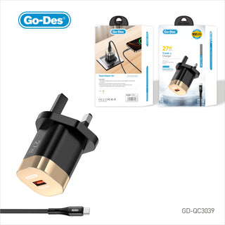 Go-Des شاحن سفر 25W QC3.0 مزدوج 2in1 بشحن PD مع كابل USB Type-C إلى USB-A بطول 1000MM قابس UK شحن آمن وسريع