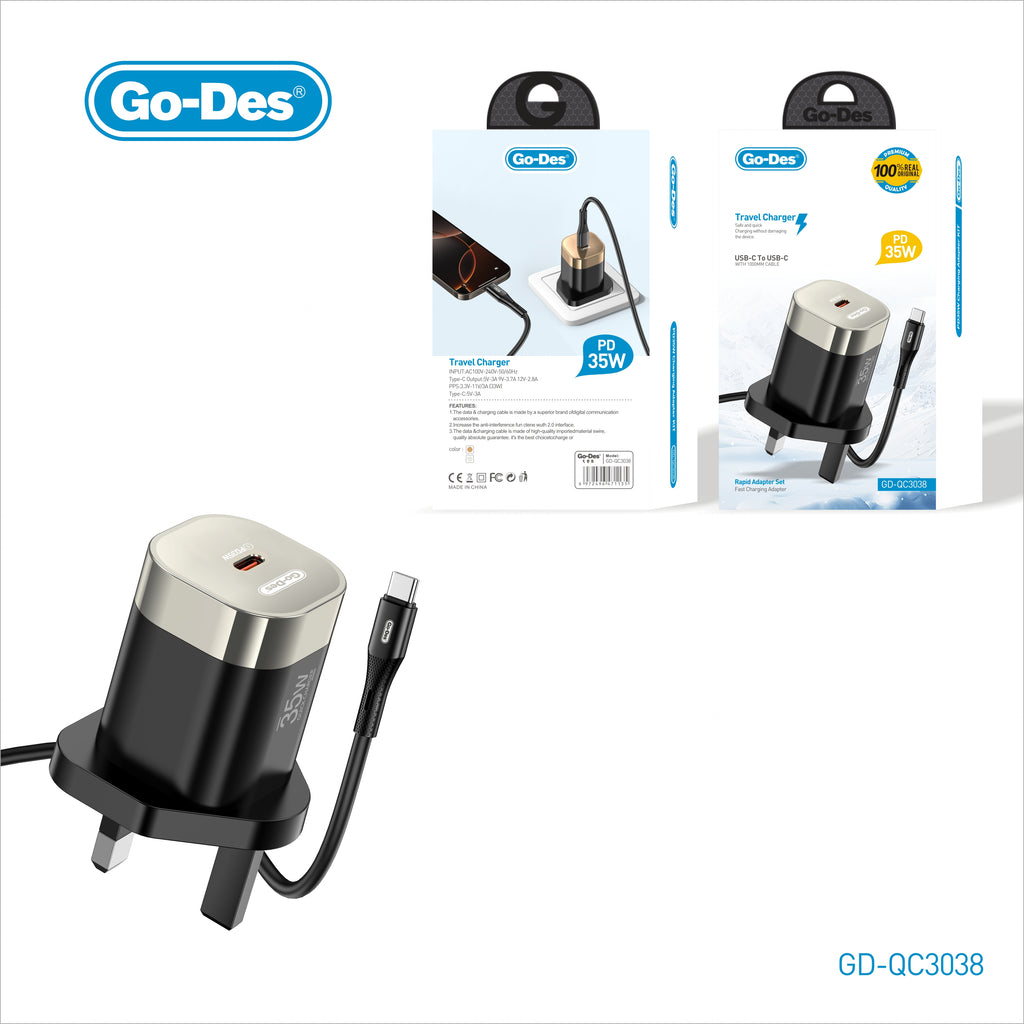Go-Des PD35W Travel Charger Fast Charging Adapter with 1000mm USB-C to USB-C Cable Safe and Quick Charging