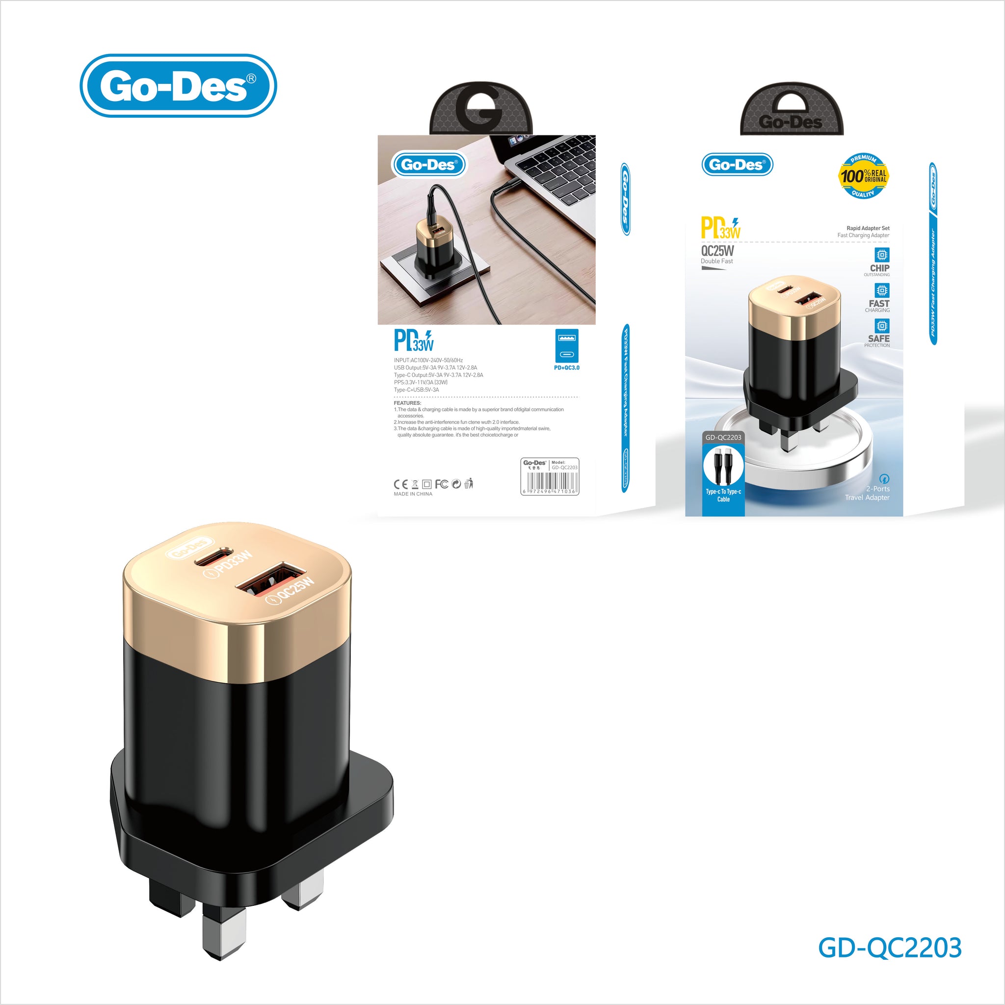 Rapid Adapter Go-Des PD33W + QC25W Double Fast Rapid Adapter Set Dual-Port 3 Pin 38W ...