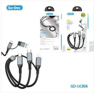 Go-Des 4in1 100W Fast Charging Cable USB + Type-C Input with Dual Output 1.2 Meter Nylon Braided Cord