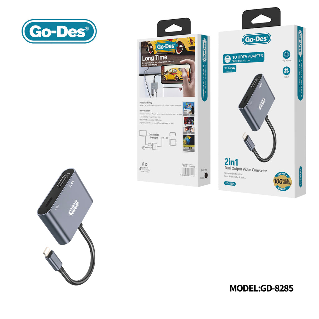 Go-Des 2-in-1 HDTV + Lightning Dual Output Video Converter 1080P HD Display for Phones and Notebooks