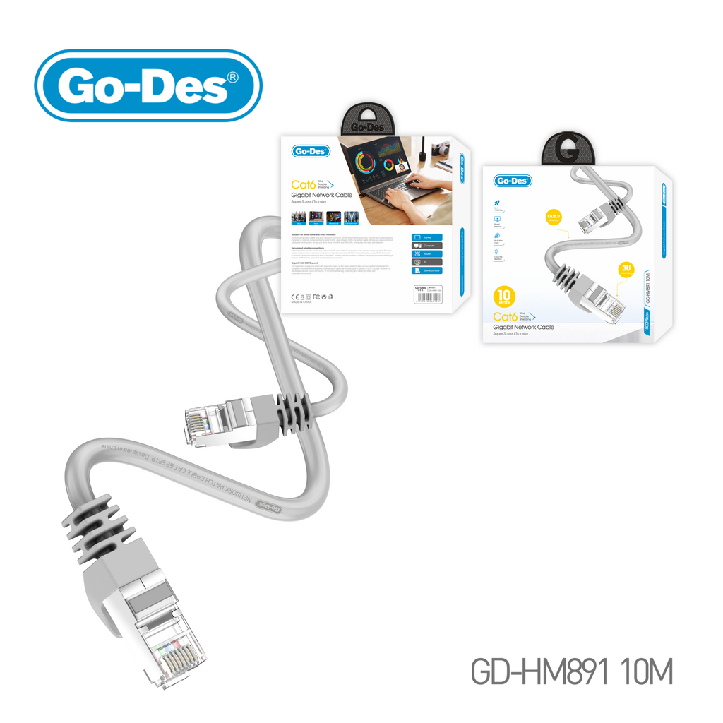 Go-Des Cat6 Gigabit Ethernet Cable RJ45 Network Cable with 3U Gold Plated Connectors Ultra-Speed Transfer Durable PVC Shell 3M to 20M Optional