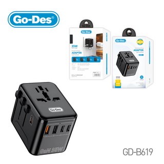 محول سفر عالمي Go-Des 35W بمنفذ USB-C PD وUSB-A مع قابس US/UK/EU/AU للاستخدام حول العالم