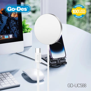 شاحن لاسلكي مغناطيسي Go-Des 15W MagSafe للشحن السريع متوافق مع أغلفة، مدخل USB-C، طول 1m