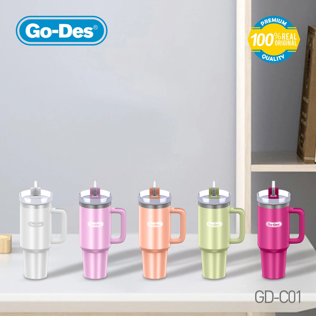 Go-Des 1200ml Car Insulated Cup 5-Layer Vacuum Thermal Bottle with Handle and Straw Stainless Steel Travel Tumbler
