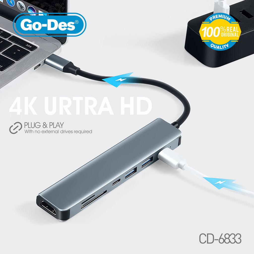 Go-Des  7-in-1 USB-C to HDTV Adapter 4K 60Hz Multiport Hub with USB-C USB-A SD/TF Slots PD 3.0 Fast Charging
