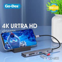 Load image into Gallery viewer, Go-Des  7-in-1 USB-C to HDTV Adapter 4K 60Hz Multiport Hub with USB-C USB-A SD/TF Slots PD 3.0 Fast Charging