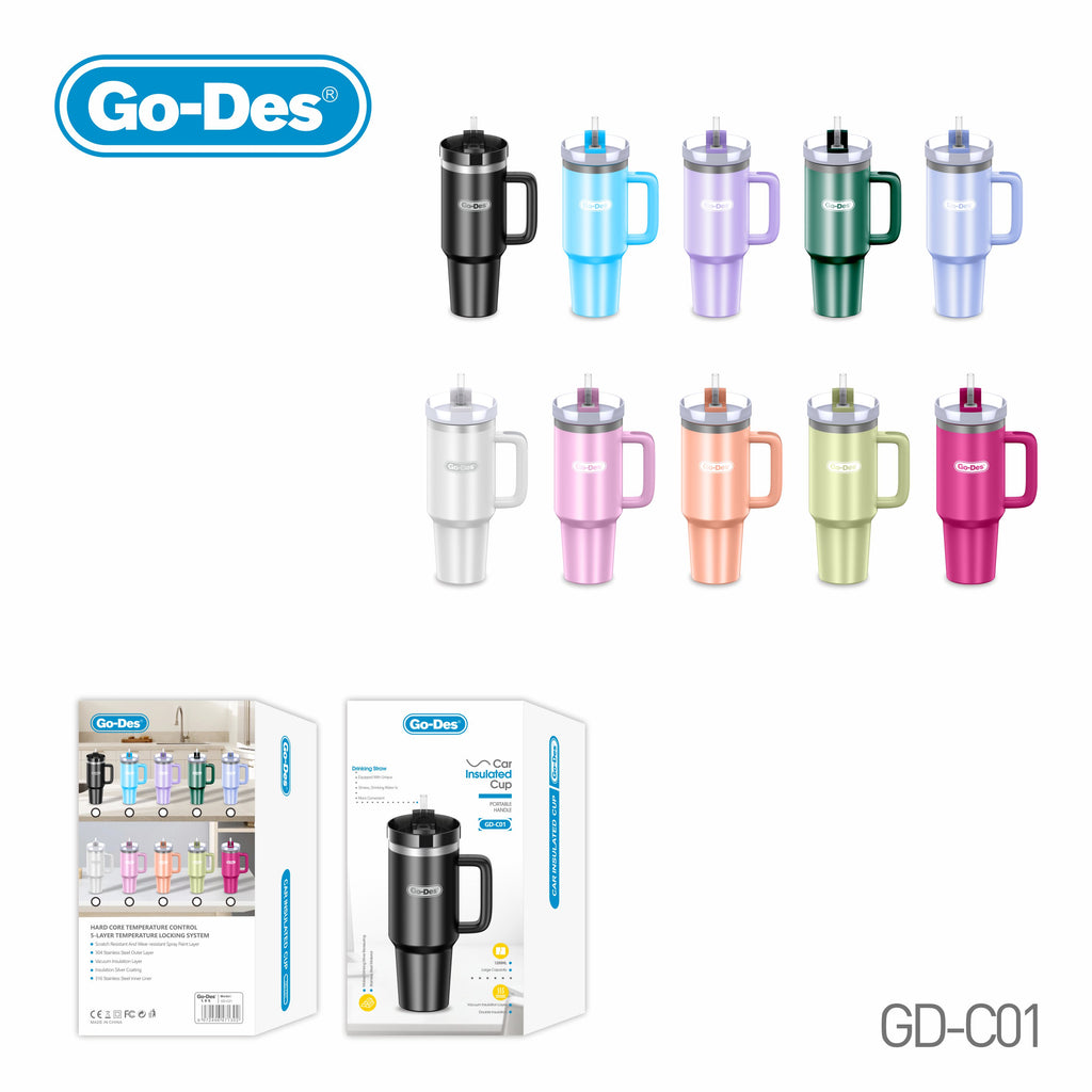 Go-Des 1200ml Car Insulated Cup 5-Layer Vacuum Thermal Bottle with Handle and Straw Stainless Steel Travel Tumbler