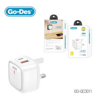 Go-Des شاحن سفر مزدوج المنافذ 20W PD + QC3.0 USB-C + USB-A شحن سريع لجهاز iPhone 15 والأندرويد والمزيد قابس المملكة المتحدة