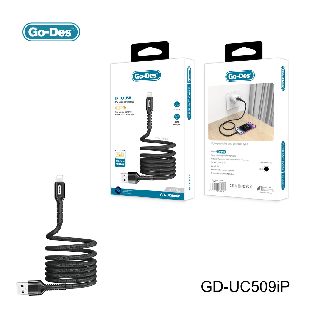 Go-Des Charging Cable Nylon Braided 3A Fast Charger for iPhone Type-C Micro USB Devices