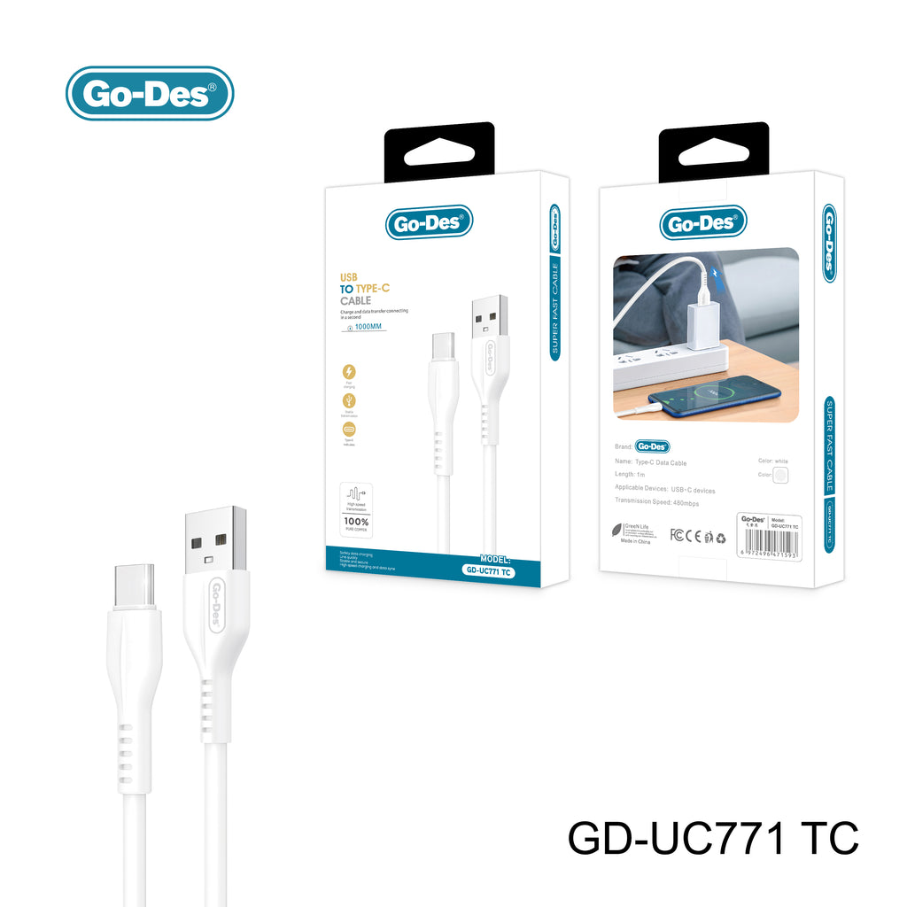 Go-Des 1M USB to Type-C/Lightning/Micro Pure Copper Core Fast Charging Cable 480Mbps Data Transfer