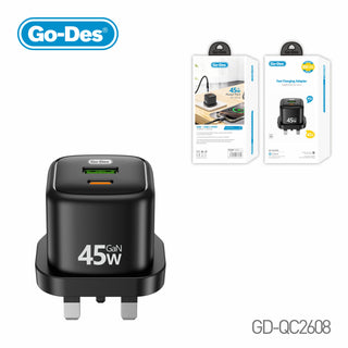 Go-Des 45W Dual-Port Fast Charger USB-A QC3.0 + USB-C PD 3 Pin Power Adapter