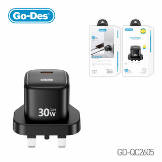 Go-Des 30W USB-C PD Travel Fast Charger Compact Safe Quick 3 Pin UK Charge Adapter