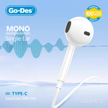 Загрузить изображение в программу просмотра галереи, Go-Des Mono Single-Ear Type-C Headphone Hi-Res Audio Inline Mic Control 2M Cable for USB-C Devices