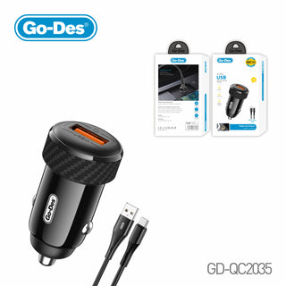 Go-Des USB 18W Vehicle Mounted Charger Quick Charge with Auto ID Safety Protection Compact Design with USB to TypeC Cable