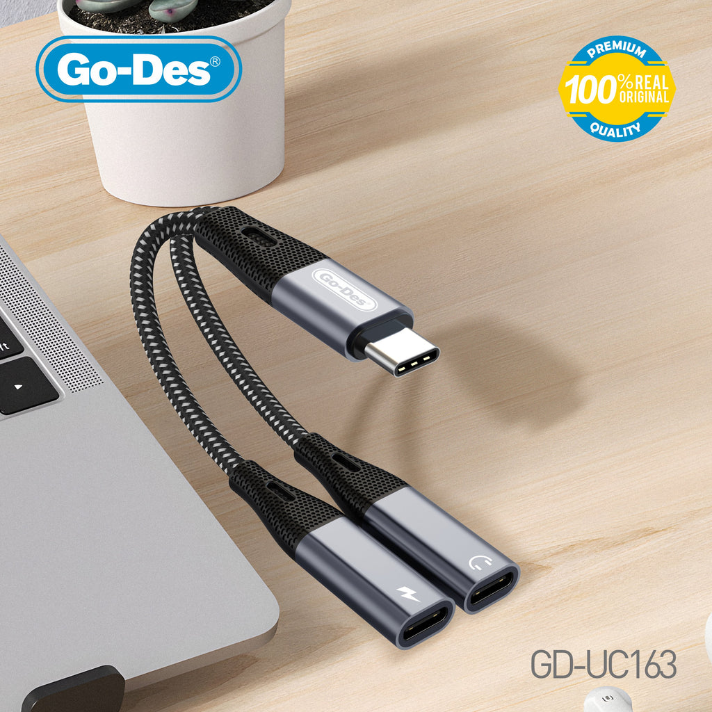 Go-Des Type C 2in1 Adapter Nylon Braided Cable PD 60W Fast Charging Lossless Audio 3.5mm Headphone Support
