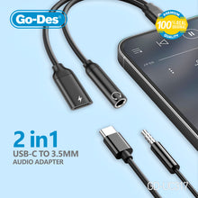 تحميل الصورة في عارض المعرض ، Go-Des Type-C to 3.5mm Audio Adapter PD Fast Charging 2in1 USB-C Headphone Converter Cable
