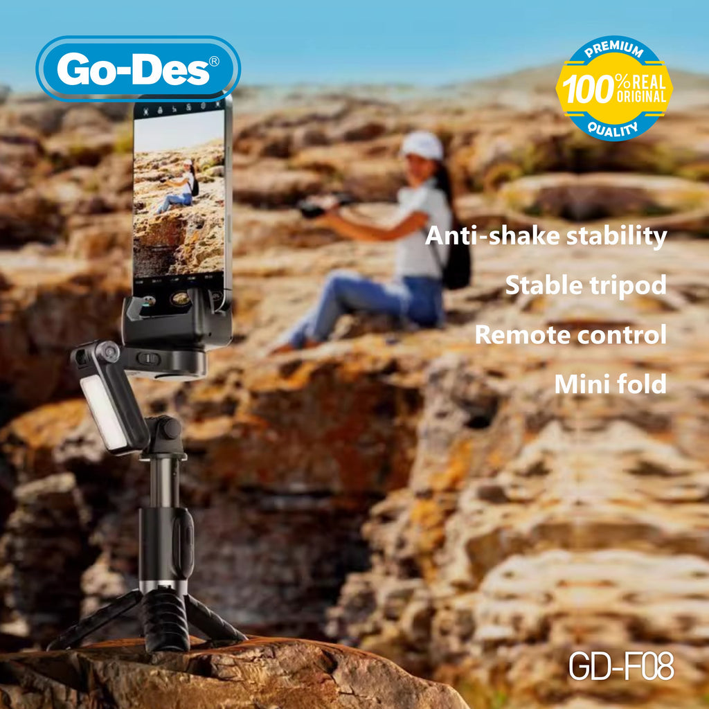 Go-Des Pan-Tilt Gimbal Stabilizer Tripod Selfie Stick with Fill Light Bluetooth Remote Anti-Shake Foldable Design