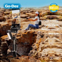 Load image into Gallery viewer, Go-Des Pan-Tilt Gimbal Stabilizer Tripod Selfie Stick with Fill Light Bluetooth Remote Anti-Shake Foldable Design