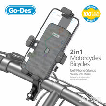 Cargar imagen en el visor de la galería, Go-Des 2in1 Motorcycle Bicycle Phone Holder 360 Rotation Handlebar Mount Anti-Shake Adjustable Stand