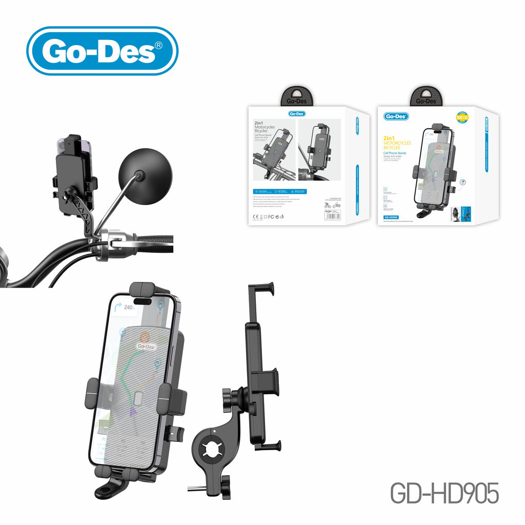 Go-Des 2in1 Motorcycle Bicycle Phone Holder 360 Rotation Handlebar Mount Anti-Shake Adjustable Stand