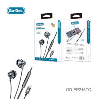 Go-Des Type-C Wired Stereo Earphones Semi In-Ear Design with Mic Volume Control for Music and Calls