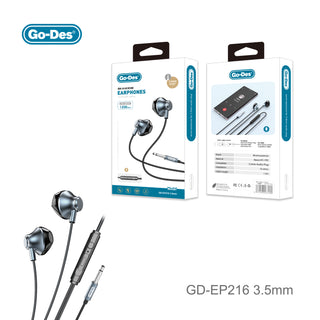 Go-Des Wired Earphones 3.5mm Semi In-Ear Metal Headphones with Mic Volume Control for Smartphone Music and Calls