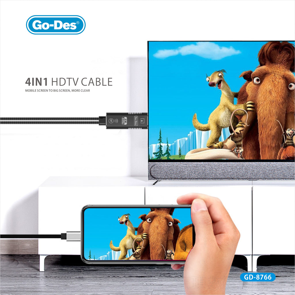 Go-Des 4in1 HDTV Cable Lightning Type-C Micro USB to HDMI Screen Mirroring Cable with Audio Video Sync 2K60Hz Plug and Play