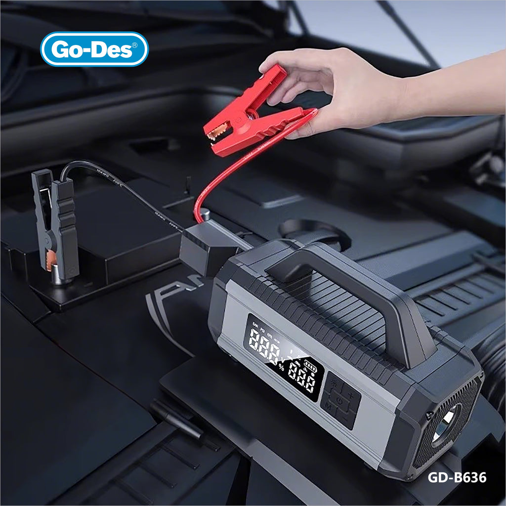Go-Des Car Jump Starter Tire Inflator LED Emergency Power Supply with Smart Display Handled Portable Air Pump