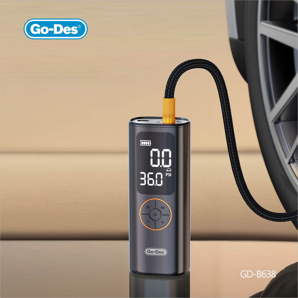 Go-Des Portable Car Tire Inflator Air Pump Automatic Stop Digital Display LED Emergency Light Power Bank