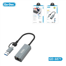 Load image into Gallery viewer, Go-Des USB-C USB-A to RJ45 Gigabit Ethernet Adapter 2in1 Network Converter Cable for Laptop Desktop Switch
