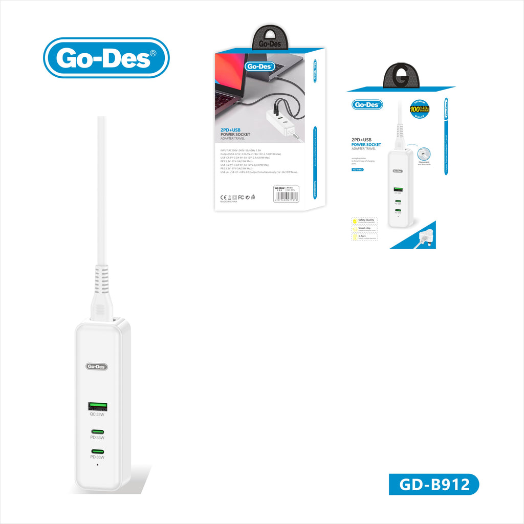 Go-Des 2PD USB Travel Charger Adapter 3 Port Fast Charging Socket 33W PD QC Portable Power Plug