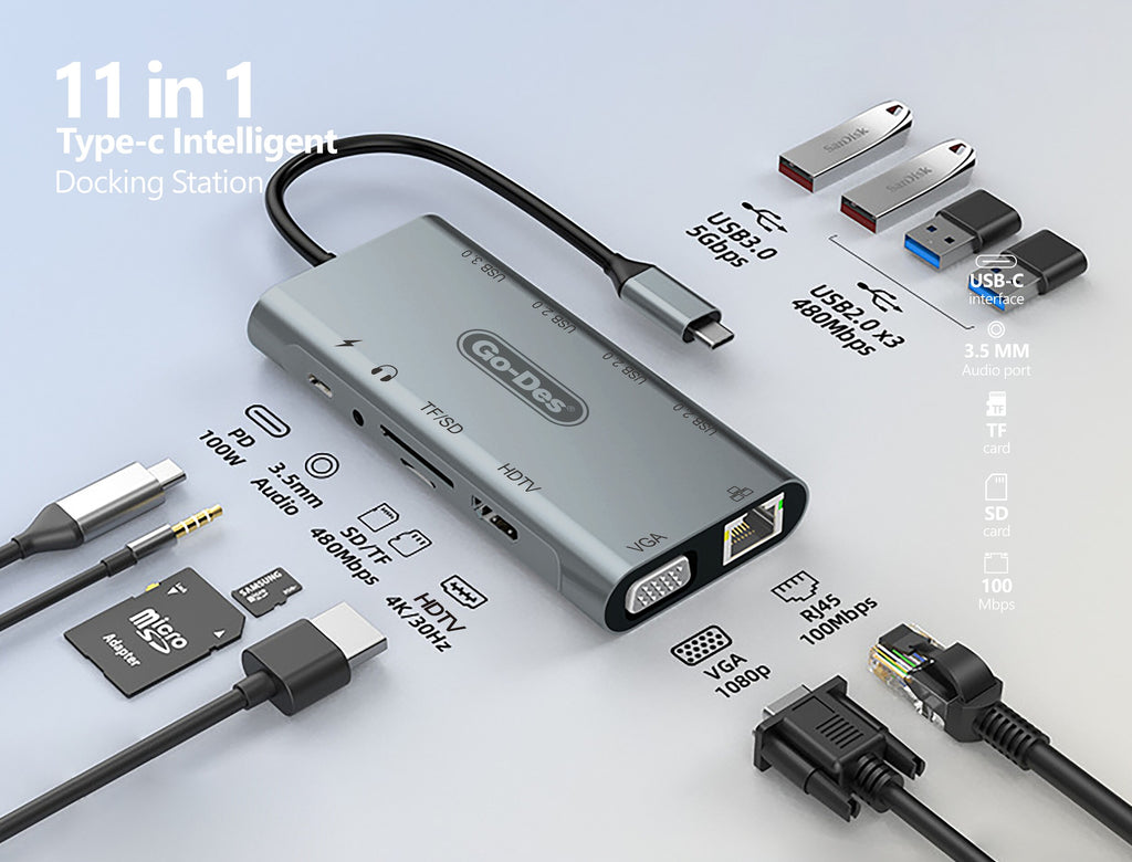 Go-Des 11in1 Multiport Type-C Intelligent Docking Station PD100W 4K HDTV RJ45 USB SD VGA Audio Hub Adapter