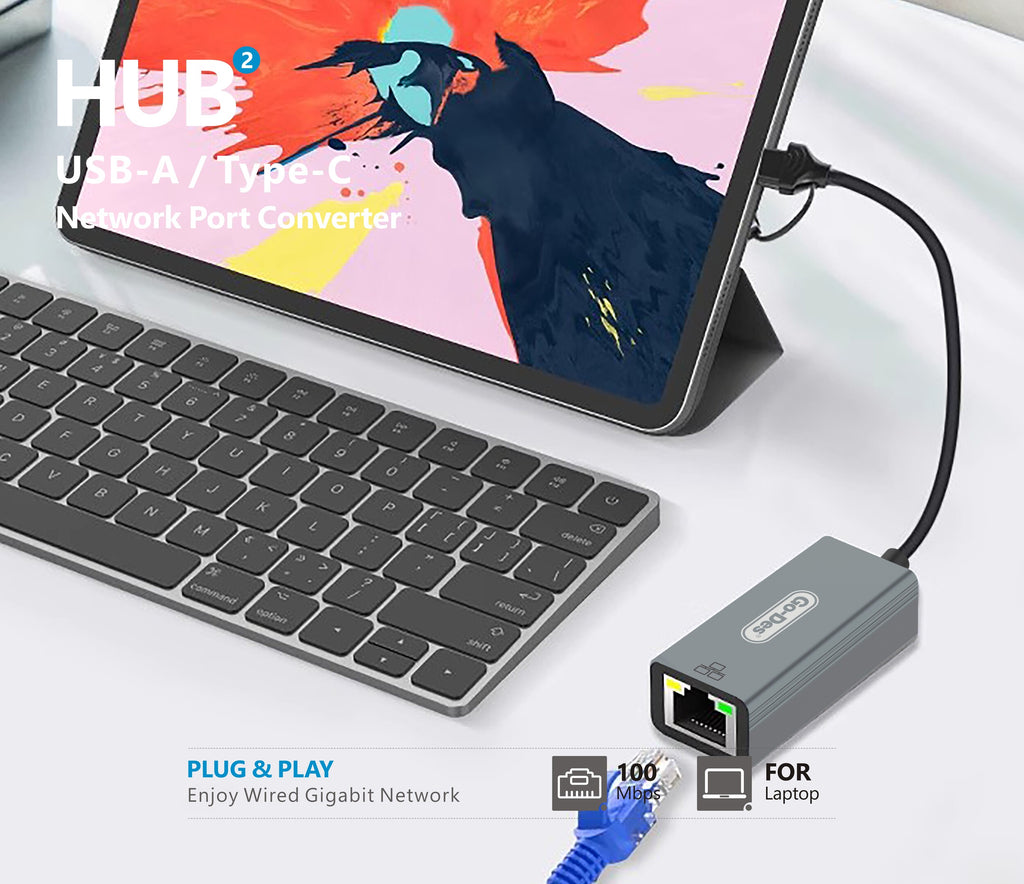 Go-Des USB-C USB-A to RJ45 Gigabit Ethernet Adapter 2in1 Network Converter Cable for Laptop Desktop Switch