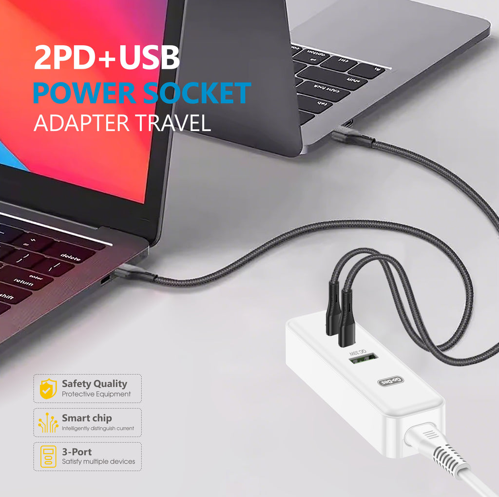 Go-Des 2PD USB Travel Charger Adapter 3 Port Fast Charging Socket 33W PD QC Portable Power Plug