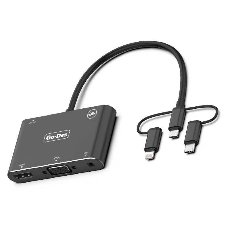 Go-Des 5-in-1 Mobile HD Screen Player USB-C Lightning Micro USB to HDTV VGA AV Adapter with Wireless Bluetooth Connection and 2K Ultra HD Output