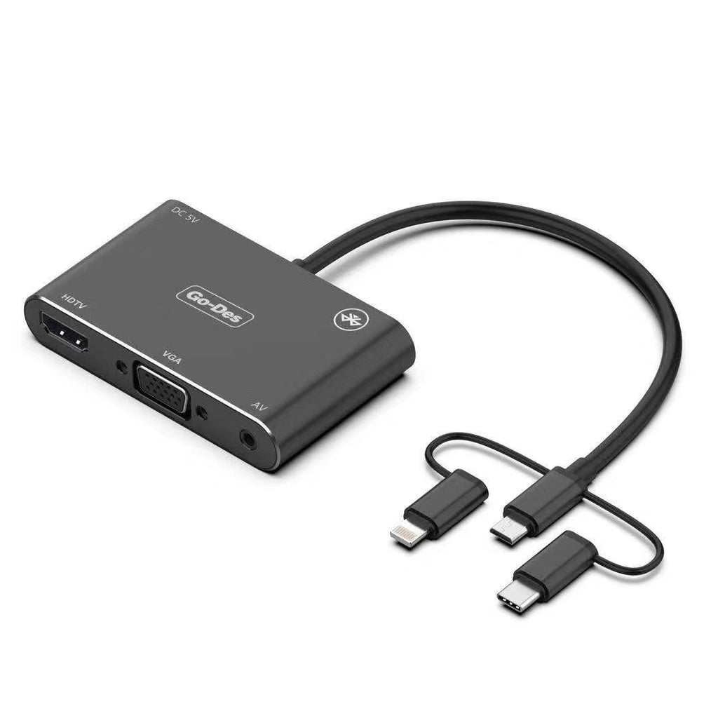 Go-Des 5-in-1 Mobile HD Screen Player USB-C Lightning Micro USB to HDTV VGA AV Adapter with Wireless Bluetooth Connection and 2K Ultra HD Output