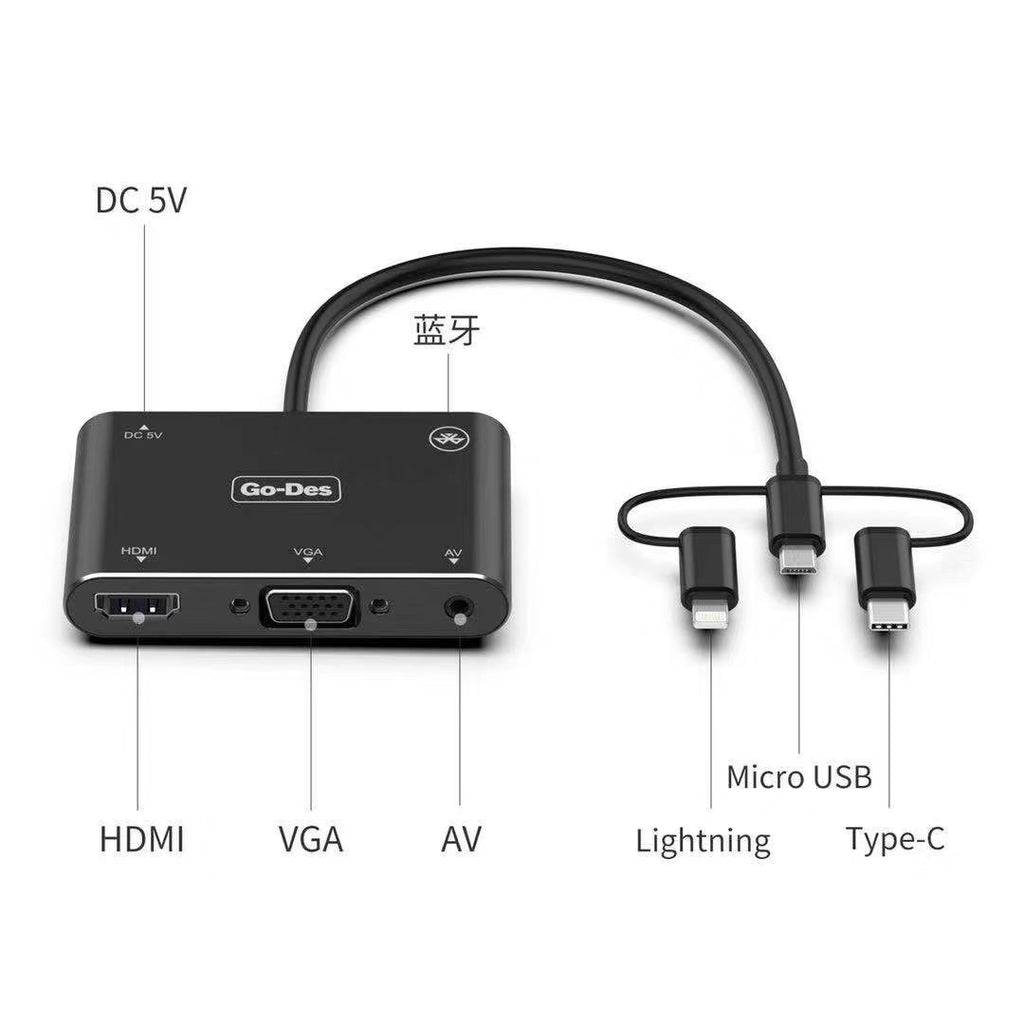 Go-Des 5-in-1 Mobile HD Screen Player USB-C Lightning Micro USB to HDTV VGA AV Adapter with Wireless Bluetooth Connection and 2K Ultra HD Output