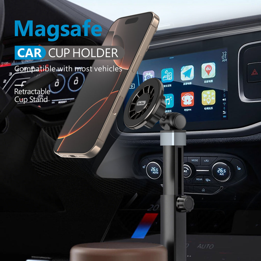 Go-Des MagSafe Magnetic Car Cup Holder Mount with 360 Degree Rotation Retractable Base Adjustable Angle