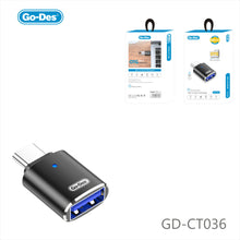 Load image into Gallery viewer, Go-Des USB-C to USB 3.0 OTG Male to Female Adapter with Warning Light Design Zinc Alloy Plug and Play for U Disk Mouse Keyboard Phone