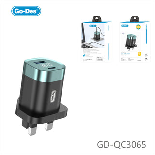 Go-Des 45W PD QC3.0 Fast Charging Travel Adapter USB-C USB-A Dual Port Wall Charger