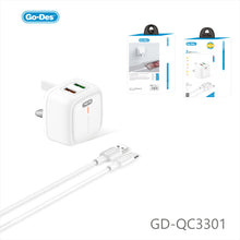 Load image into Gallery viewer, Go-Des 3 Pin UK Plug Dual USB QC3.0 Fast Charger Adapter with LED 2in1 Cable Set Lightning Type-C Micro