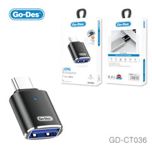 Load image into Gallery viewer, Go-Des USB-C to USB 3.0 OTG Male to Female Adapter with Warning Light Design Zinc Alloy Plug and Play for U Disk Mouse Keyboard Phone