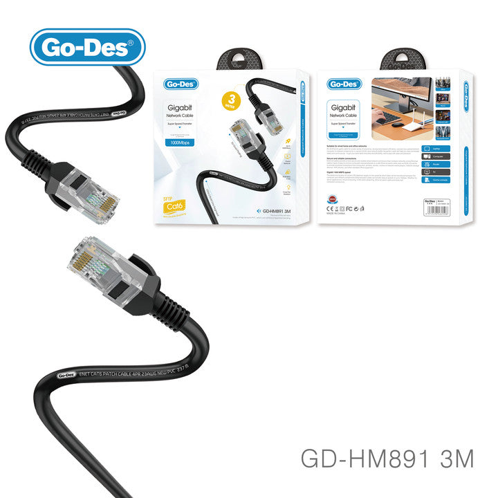 Go-Des Gigabit Ethernet Cable CAT6 RJ45 Network Cable 3U Gold Plated 1000Mbps OD6.0 Ultra Durable PVC