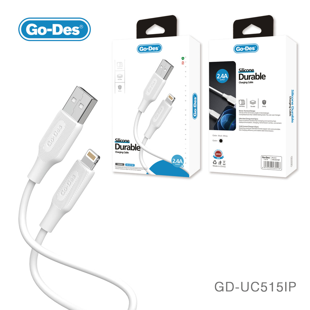 Go-Des 1M Silicone Charging Cable 24A Fast Charge and Sync USB Cable Lightning Micro USB Type C