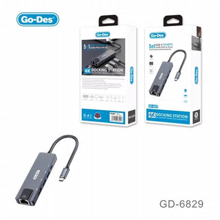 Go-Des 5 in1 Type C إلى HDTV 2 USB + PD3.0 + RJ45 بدقة 4K عالية السرعة، واجهة توسيع بيانات 3.0 وواجهة تزويد طاقة USB-C 3.0