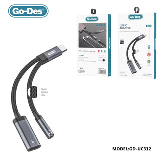 كابل صوت Go-Des 2 في 1 Type C ذكر إلى مقبس سماعة 3.5mm أنثى مع شحن سريع لـ Samsung Xiaomi