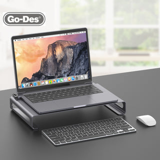 حامل مكتب للابتوب من الألمنيوم لرفع الشاشة والحاسوب، قاعدة دعم ومنظم مكتب للشحن ونقل البيانات، مزود بمحول 4 منافذ USB 3.0