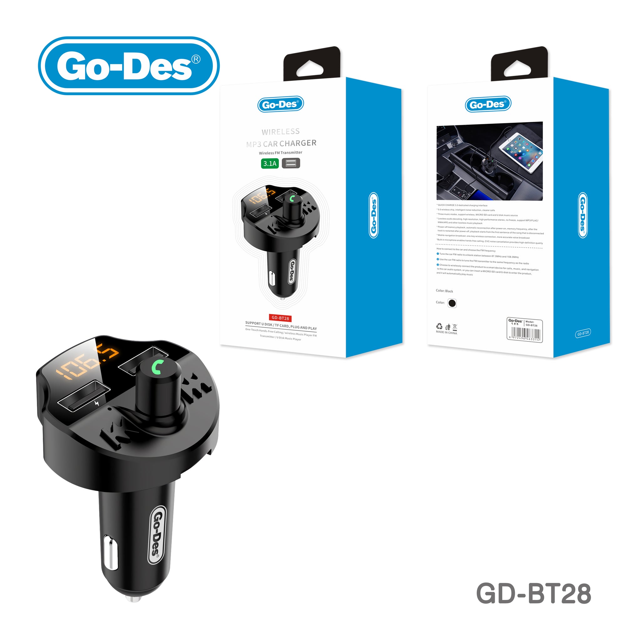Go-Des Bluetooth FM Car Transmitter DC5V Fast Charger